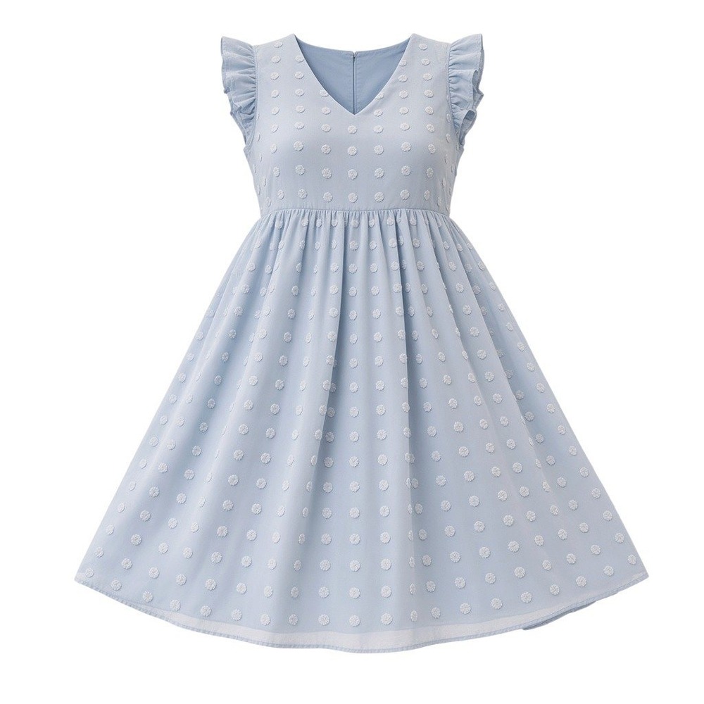 Shein Light Blue Swiss Dot Ruffle Sleeve V-Neck Empire Waist Dress Size M 6